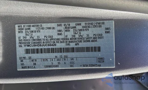 2018 Ford Escape Sel z USA, uszkodzony, nr VIN 1FMCU9HD8JUC66420